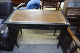 LATE VICTORIAN EBONISED TWO DRAWER WRITING TABLE WITH LEATHER INSET TOP, 107CM WIDE