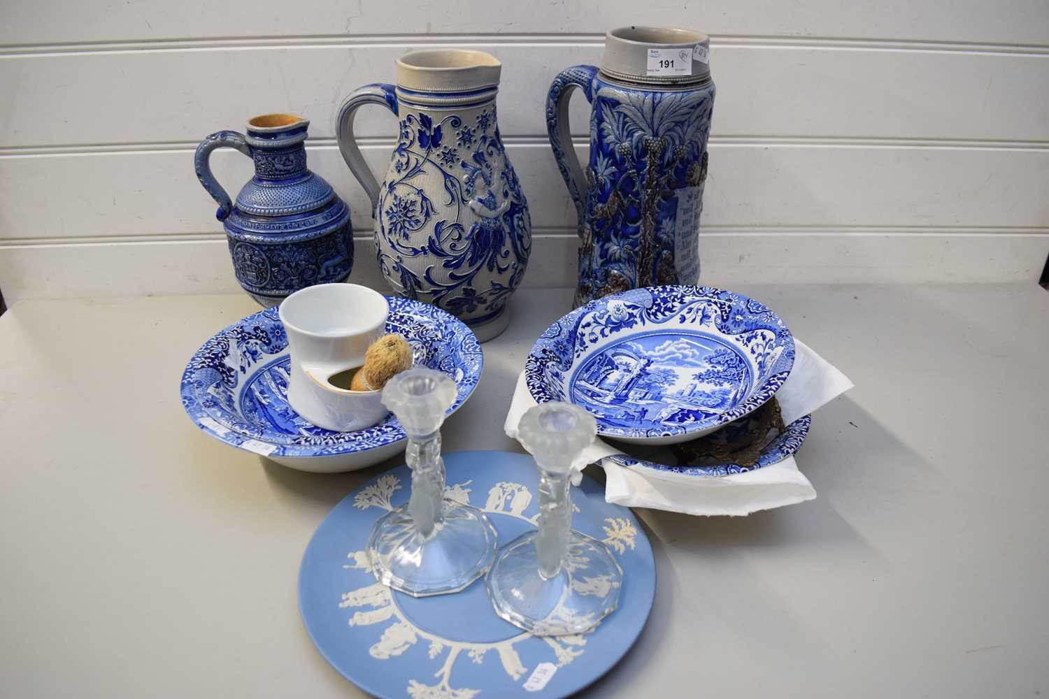 MIXED LOT COMPRISING GERMAN WESTERWALD POTTERY JUGS AND BEER STEIN, TOGETHER WITH COPELAND SPODE