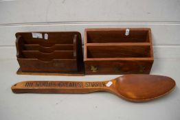 TWO SMALL WOODEN STATIONERY RACKS AND A LARGE WOODEN SPOON (3)