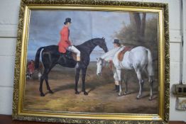 LEO RAWLINGS, STUDY OF 19TH CENTURY HUNTSMEN AND HORSES, OIL ON CANVAS, GILT FRAMED, 103CM WIDE