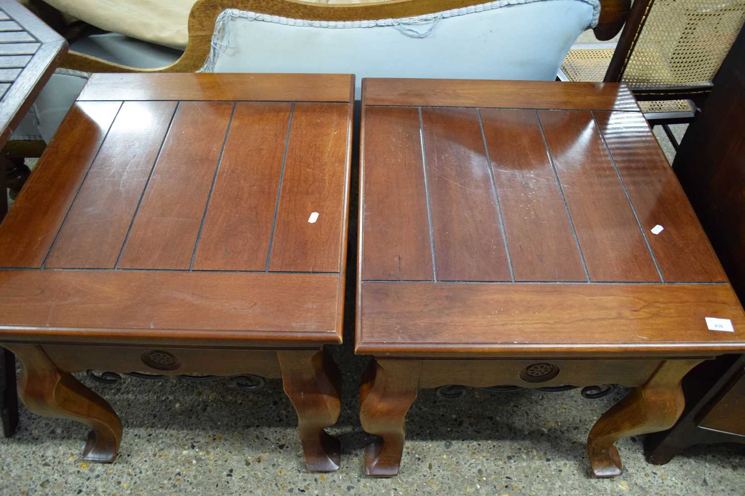 PAIR OF MODERN HARDWOOD COFFEE OR LAMP TABLES WITH CABRIOLE LEGS AND WROUGHT IRON DETAIL, 70CM WIDE