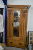 VICTORIAN SATINWOOD WARDROBE WITH SINGLE MIRRORED DOOR AND BASE DRAWER SEPARATED WITH CARVED