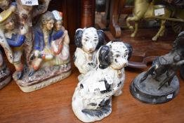 PAIR OF REPRODUCTION STAFFORDSHIRE SPANIELS, 118CM HIGH