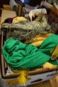 BOX OF FABRIC, WOOLLEN SHAWL, FEATHER FAN ETC