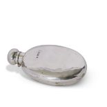 Late 19th century silver hip flask of oval shaped form,having a lancet fitted hinged lid. 14x8cms,