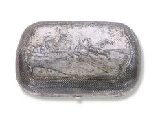 19th century Russian silver niello work tobacco box of cushioned form with hinged lid, the top