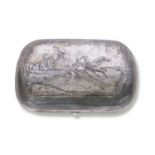 19th century Russian silver niello work tobacco box of cushioned form with hinged lid, the top