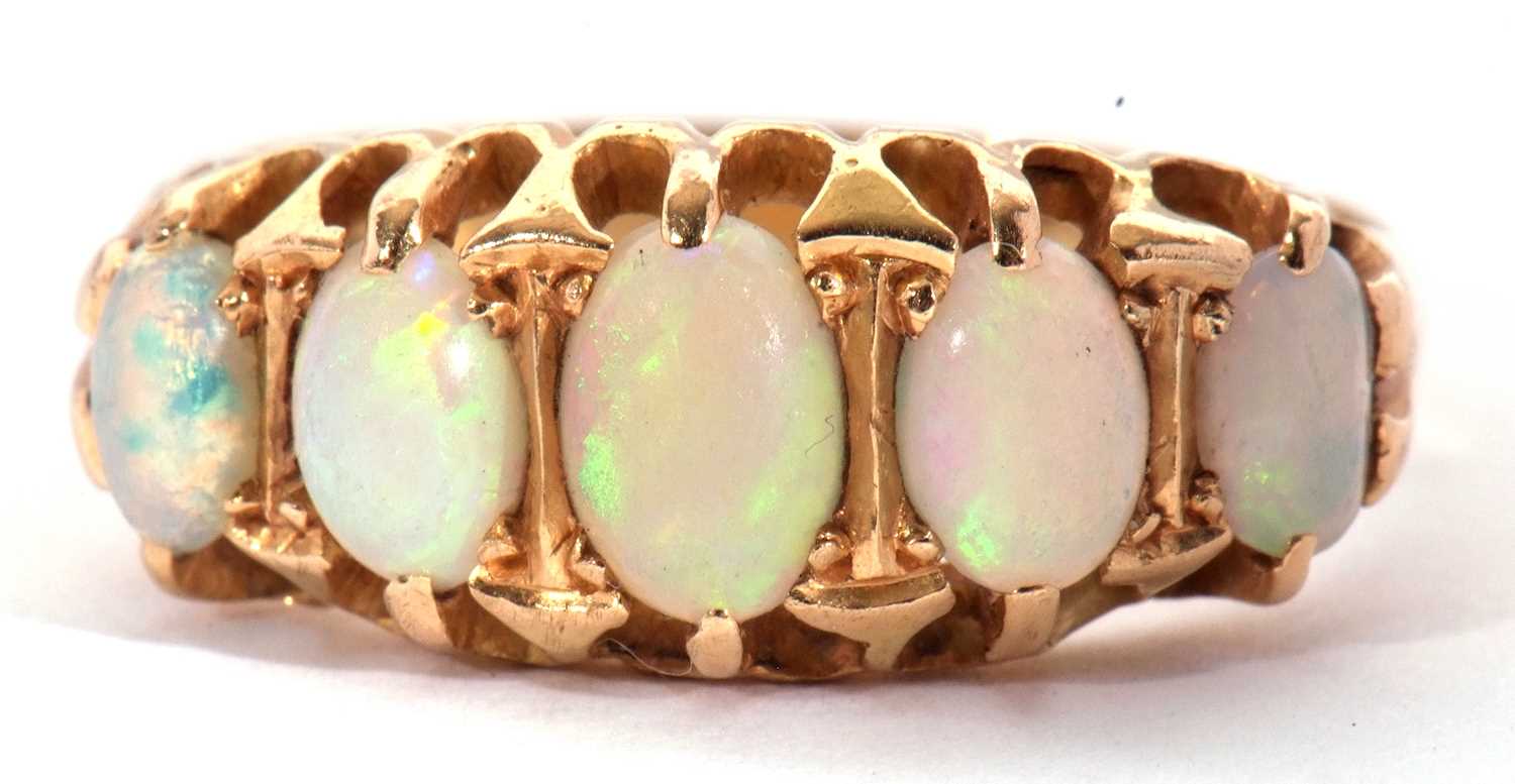 18ct gold five stone opal ring featuring five graduated oval cut cabochon opals, individually claw - Image 12 of 13