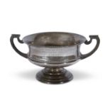 George V silver presentation rose bowl having hollow looped handles, beaded body band, spreading
