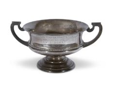 George V silver presentation rose bowl having hollow looped handles, beaded body band, spreading