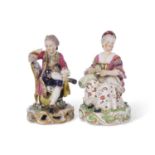Pair of Derby models of a boy reading, seated on a chair and girl tatting, model nos 311 and 314
