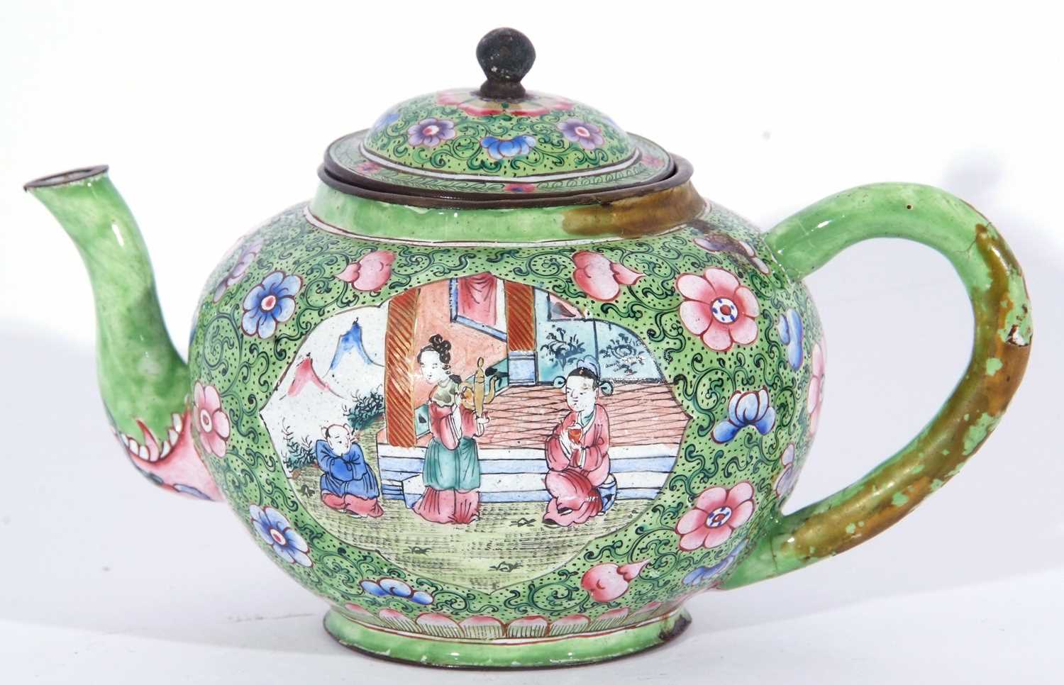 Small Canton enamel tea pot, the green ground decorated in enamel with flowers with a scene of - Image 3 of 6