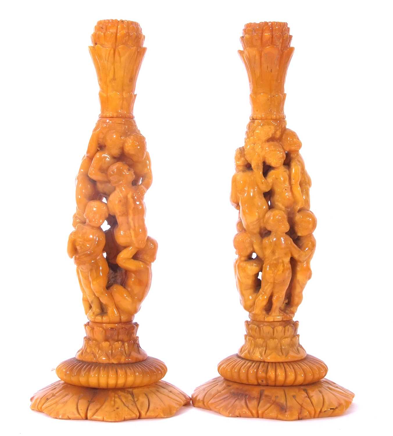 Pair of mid 19th century natural Baltic amber candlesticks (possibly German), having Corinthian - Image 16 of 16