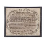 19th century needlework sampler with very fine stitch decorated with rows of letters and religious