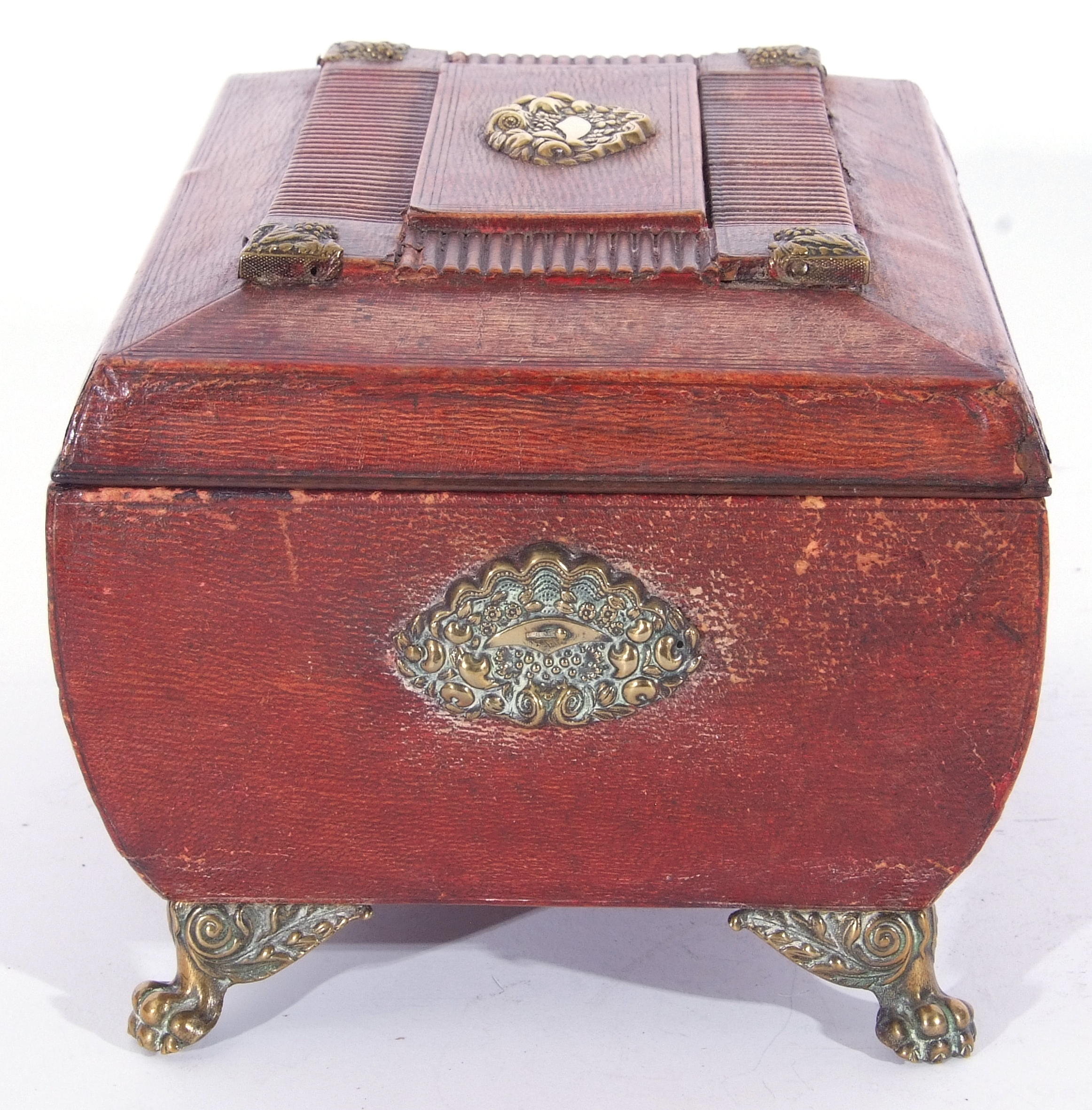 Regency red leather and brass embossed jewel box, hinged lid with silk lined interior, single drawer - Image 7 of 11