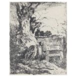 John Crome (British, 1768-1821) Old Cartwheels Beside a Ruined Shelter, Softground etching, on