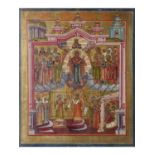 Russian, Late 19th Century, The Pokrov and St Romanos the Melodist. *A provincial icon with strong