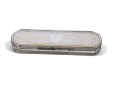 Georgian silver and mother of pearl encased toothpick box, the hinged lid finely engraved with