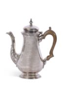 Small early George III coffee or chocolate pot of typical baluster form with treen handle, urn