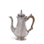 Small early George III coffee or chocolate pot of typical baluster form with treen handle, urn