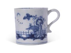 Early Lowestoft porcelain coffee can with a house and trees and island scene verso, the interior rim