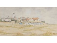 John Hunt (British 20th Century), Beach Huts, Southwold , Pencil, watercolour, signed.