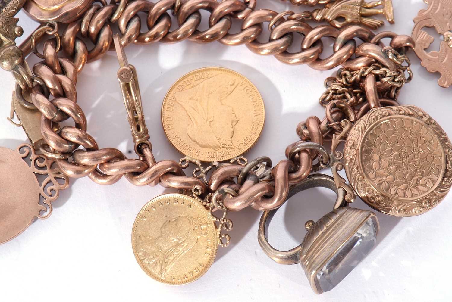 9ct rose gold curb link bracelet, suspending various charms and coins to include a Victorian - Image 4 of 4