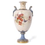 Large Royal Worcester vase decorated with flowers and butterflies by Edward Raby, above a blue and