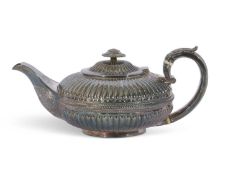 William IV silver tea pot of melon form, fluted decoration, gadrooned body band, foliate engraved