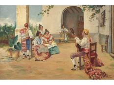 Iberian School, 20th Century, genre scene, depicting a figure singing on a veranda , Oil on board,