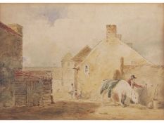 John Thirtle (British, 1777-1839) A courtyard scene with a figure next to a Cob , Watercolour,