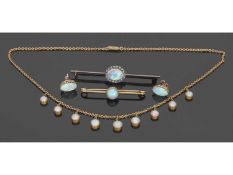 Mixed Lot: antique opal and diamond brooch, the oval cabochon opal within a surround of rose cut