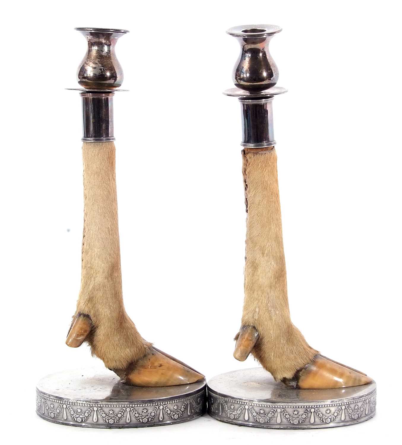Pair of early 20th century novelty candlesticks, silver plated nozzles and mounts on the lower leg - Image 2 of 4