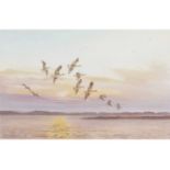 Arthur A Pank (British, 1918-1999) Skein of Geese – Broadland Sunset , Oil on board, signed. 8.