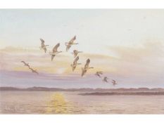 Arthur A Pank (British, 1918-1999) Skein of Geese – Broadland Sunset , Oil on board, signed. 8.