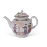 Lowestoft porcelain tea pot, circa 1780, with a polychrome design of Chinese figures by a tree,