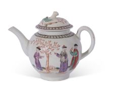 Lowestoft porcelain tea pot, circa 1780, with a polychrome design of Chinese figures by a tree,