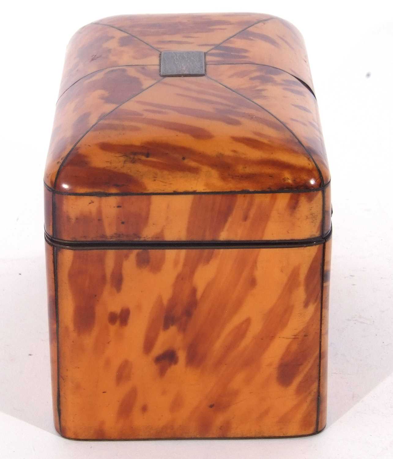 Mid-19th century tortoiseshell veneered tea caddy with pewter divisional inlays, the lid opening - Image 3 of 11