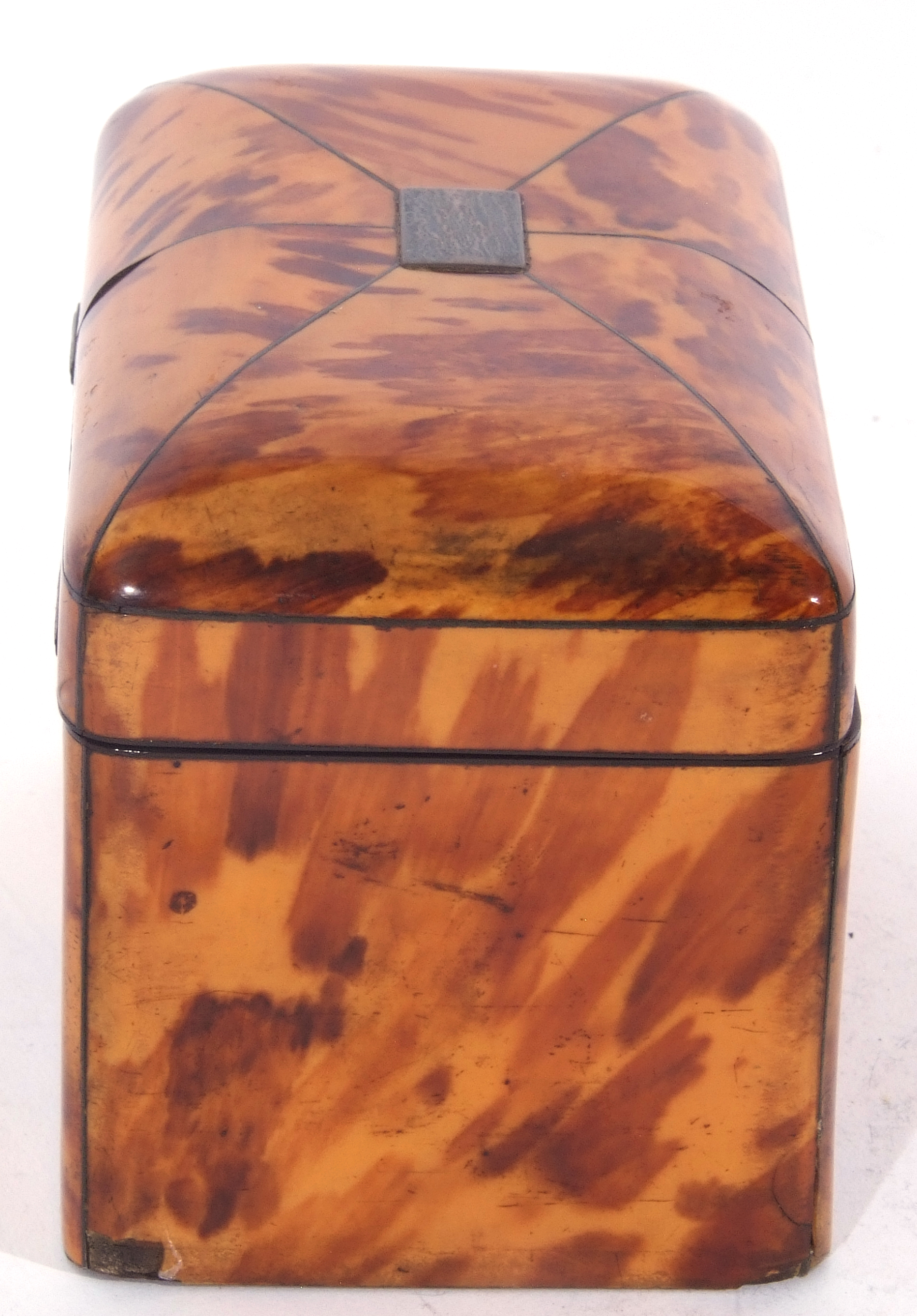 Mid-19th century tortoiseshell veneered tea caddy with pewter divisional inlays, the lid opening - Image 10 of 11