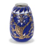 Bursley ware vase with a gilt scrolling design on blue ground, after a design by Frederick Rhead,