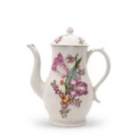 Lowestoft porcelain coffee pot and cover, finely painted in polychrome by the tulip painter, the