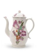 Lowestoft porcelain coffee pot and cover, finely painted in polychrome by the tulip painter, the