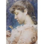 Adriano Cecchi (1850-1936), Profile of a young Lady holding a flower, Watercolour, signed. 11x9ins
