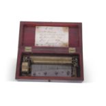Ebonised and line inlaid mahogany cased small musical box having a four air movement, signed by