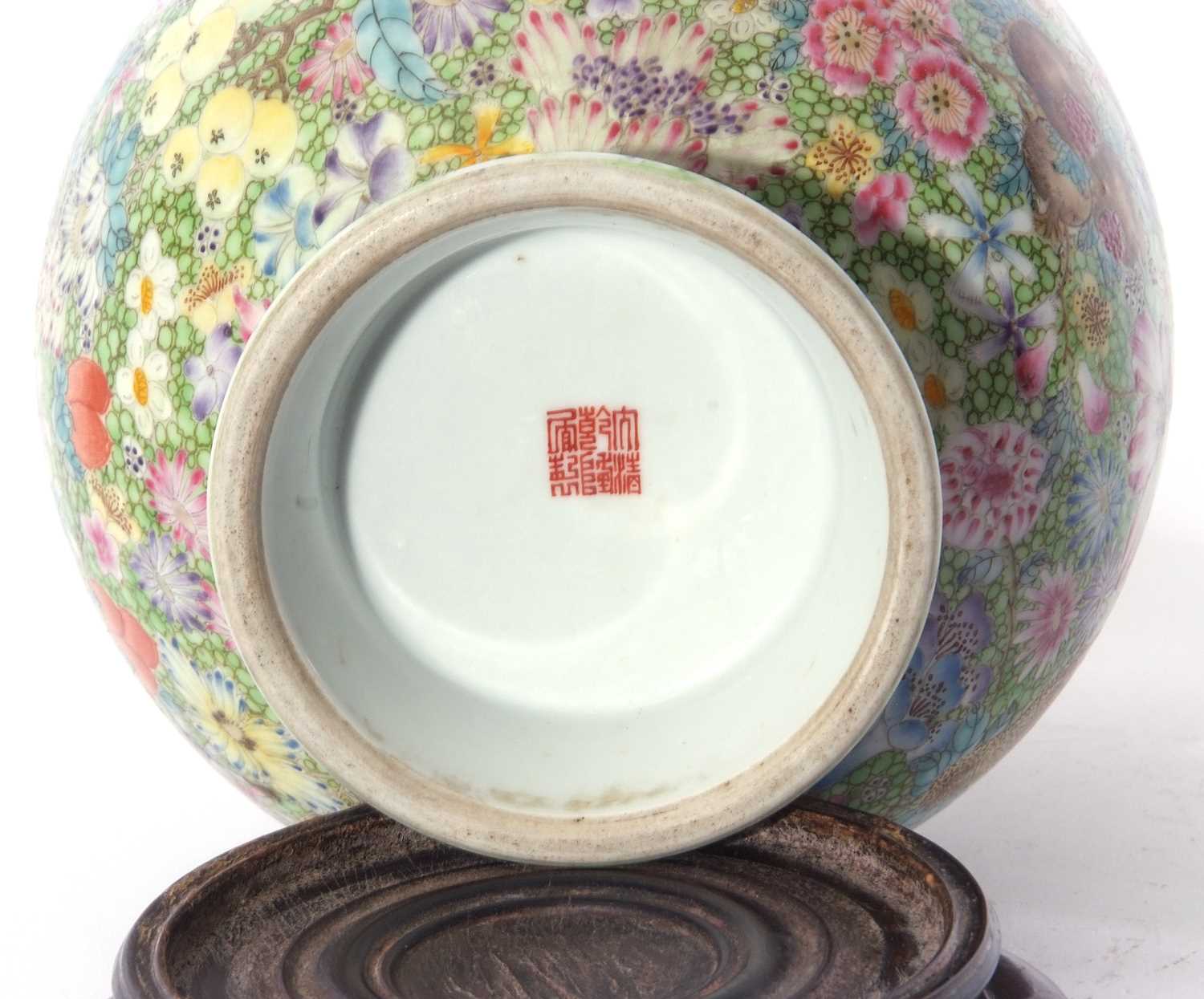 Large Chinese porcelain millefleur vase, of ovoid shape with a panel of famille rose flowers and a - Image 8 of 8