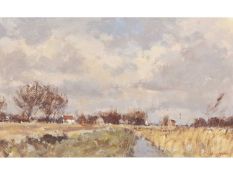 Owen Waters (British, 1916-2004), Marshes at Acle Norfolk, Oil on board, signed. 12x19ins