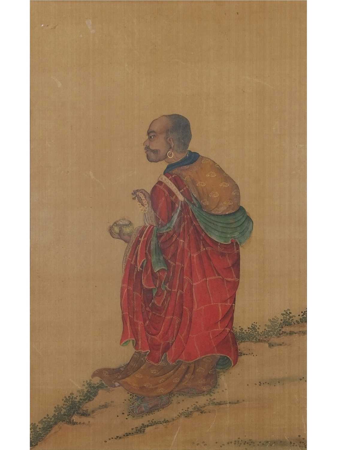 Oriental School, Late 19th Century, Study of an elderly man, carrying beads and a bowl, Ink and