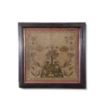 Large 19th century needlework sampler decorated with a large garden scene with animals and angels,