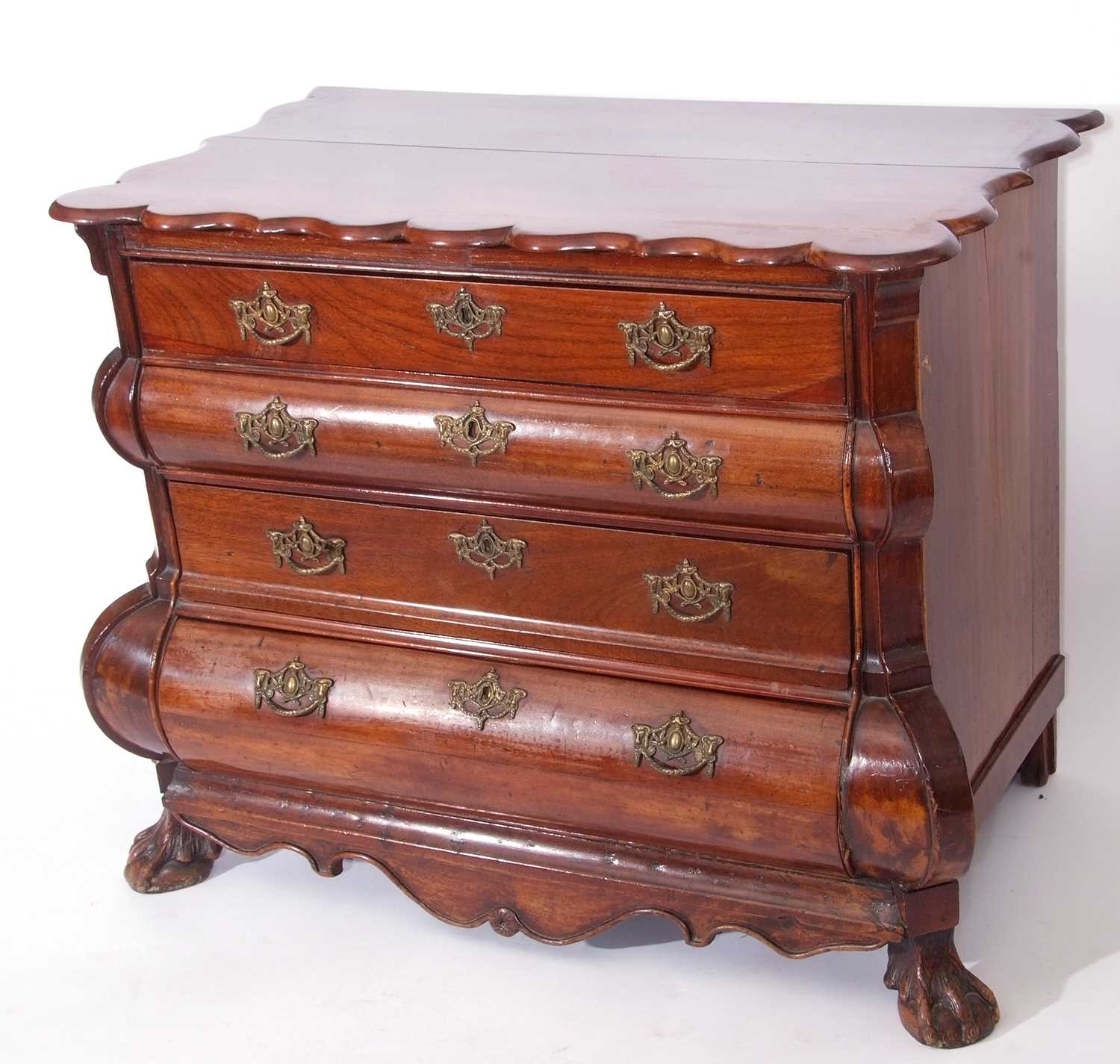 19th century Dutch bombe chest, the shaped top over a body with four long drawers and front paw - Image 2 of 3