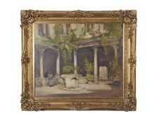 Emily Murray Paterson RSW SWA (British 1855-1934), Figures in a courtyard , Oil on board, signed.